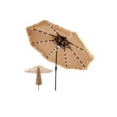 3M PE Straw Parasol with 32 Solar LEDs, Tropical Hawaiian Umbrella with Double Tilting Roof, 8 Ribs, 9 Layers, Crank, Anti-UV