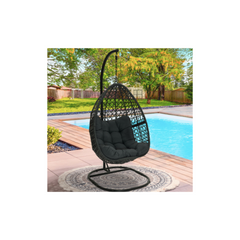 Hanging Moon Chair with Openwork Rattan Effect and Grey Cushion