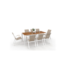 NOUMEA Garden Set, Table 190 cm with Tempered Glass Wood-Effect Top and 8 Stackable Chairs, White and Wood
