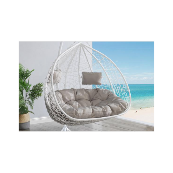2-Seater Hanging Chair in Woven Resin – White with Grey Cushions – MYLIA CAYAMBE