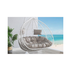 2-Seater Hanging Chair in Woven Resin – White with Grey Cushions – MYLIA CAYAMBE