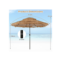 3M PE Straw Parasol with 32 Solar LEDs, Tropical Hawaiian Umbrella with Double Tilting Roof, 8 Ribs, 9 Layers, Crank, Anti-UV