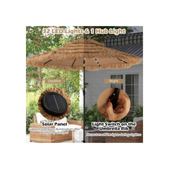 3M PE Straw Parasol with 32 Solar LEDs, Tropical Hawaiian Umbrella with Double Tilting Roof, 8 Ribs, 9 Layers, Crank, Anti-UV