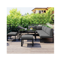 Modular Aluminium Garden Set, 7 Seater – Adjustable Reclining Seat – 2 Sofas, 2 Stools and 1 Table – Grey