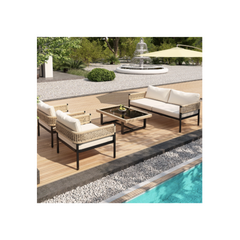 Galvanised Iron Garden Set – 2-Seater Sofa, 2 Armchairs and Coffee Table – Beige
