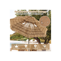 3M PE Straw Parasol with 32 Solar LEDs, Tropical Hawaiian Umbrella with Double Tilting Roof, 8 Ribs, 9 Layers, Crank, Anti-UV