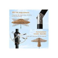 3M PE Straw Parasol with 32 Solar LEDs, Tropical Hawaiian Umbrella with Double Tilting Roof, 8 Ribs, 9 Layers, Crank, Anti-UV