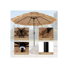 3M PE Straw Parasol with 32 Solar LEDs, Tropical Hawaiian Umbrella with Double Tilting Roof, 8 Ribs, 9 Layers, Crank, Anti-UV