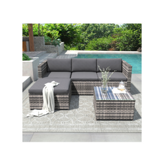 Woven Resin Garden Set – Outdoor Corner Sofa with Coffee Table – 4 Seater – Grey