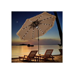3M PE Straw Parasol with 32 Solar LEDs, Tropical Hawaiian Umbrella with Double Tilting Roof, 8 Ribs, 9 Layers, Crank, Anti-UV