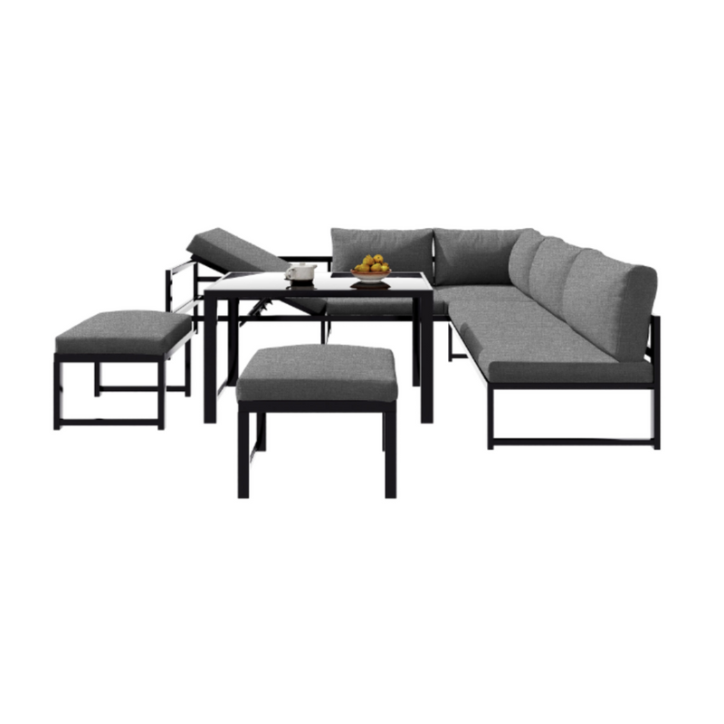 Modular Aluminium Garden Set, 7 Seater – Adjustable Reclining Seat – 2 Sofas, 2 Stools and 1 Table – Grey