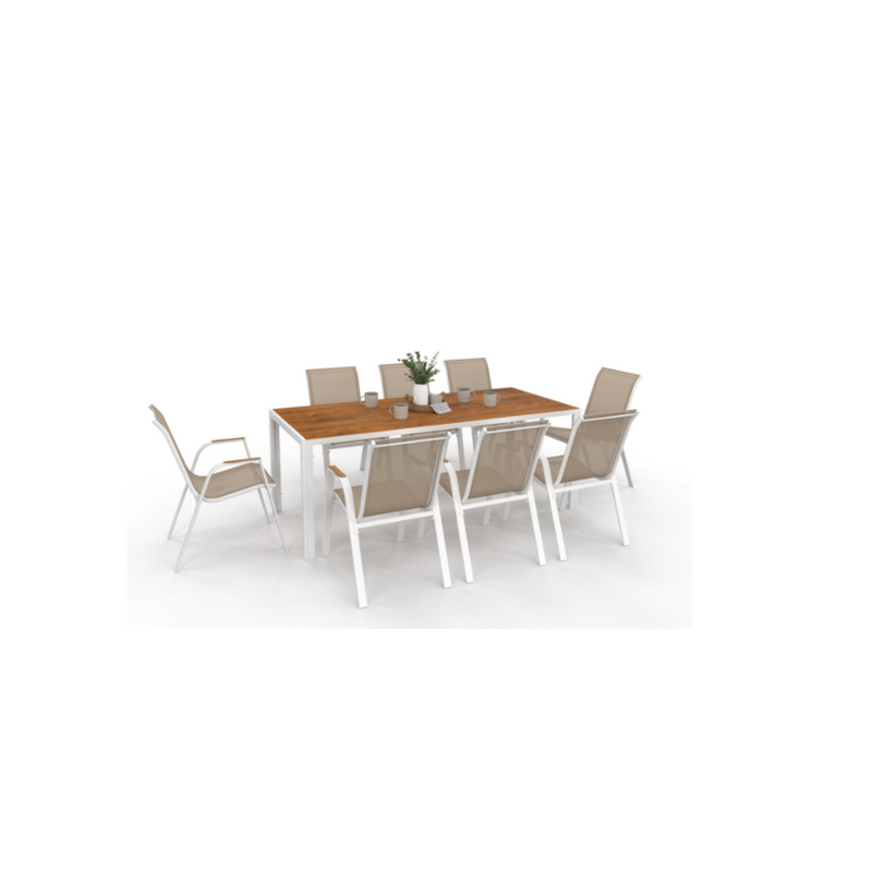 NOUMEA Garden Set, Table 190 cm with Tempered Glass Wood-Effect Top and 8 Stackable Chairs, White and Wood