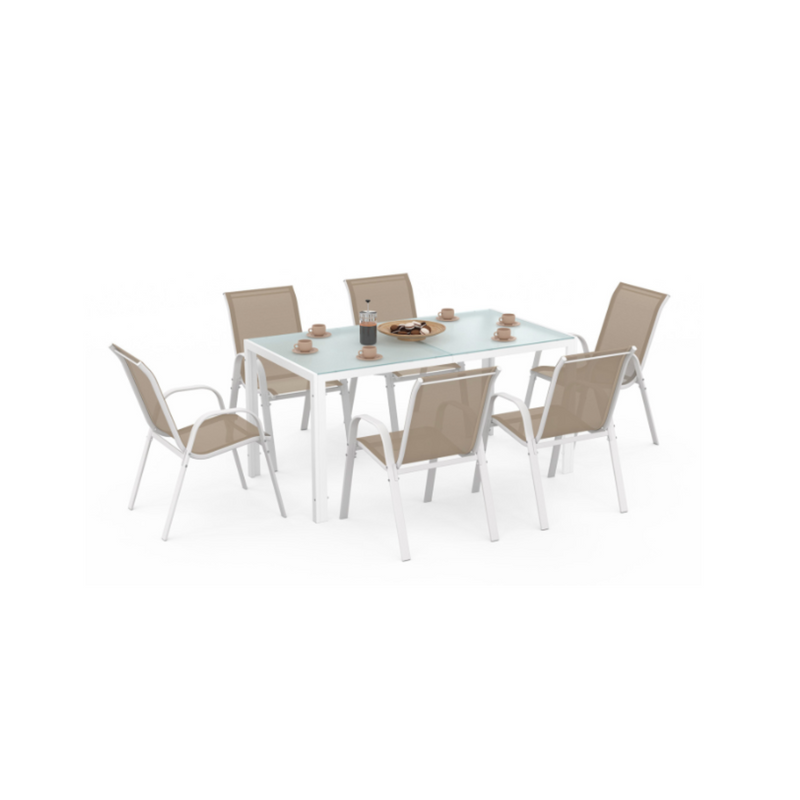 MADRID Garden Set, Table 150 cm and 6 Stackable Chairs, White and Beige
