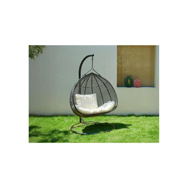 2-Seater Hanging Chair in Woven Resin – Black with White Cushion – MYLIA VAHINA