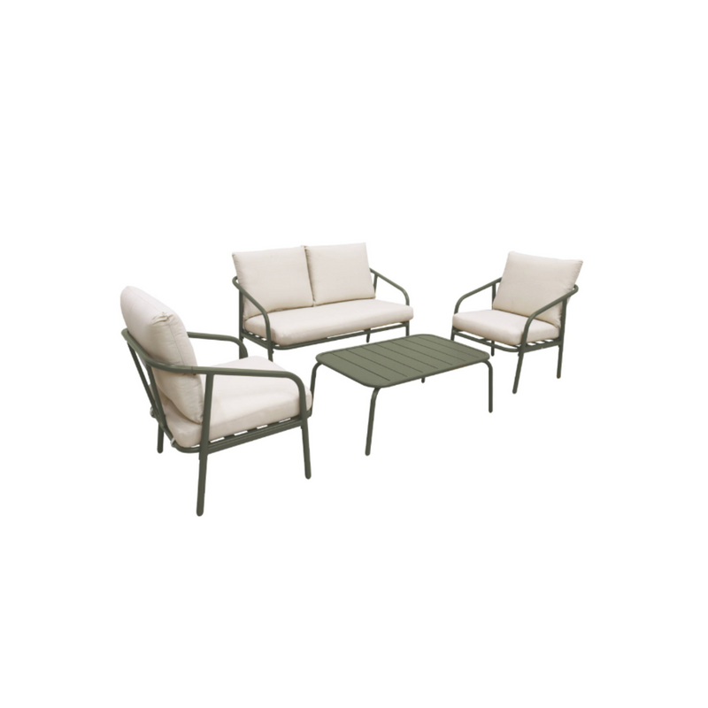 Metal Garden Set, 4 Seater, Khaki, Beige Cushions, Sleek Design