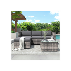 Woven Resin Garden Set – Outdoor Corner Sofa with Coffee Table – 4 Seater – Grey