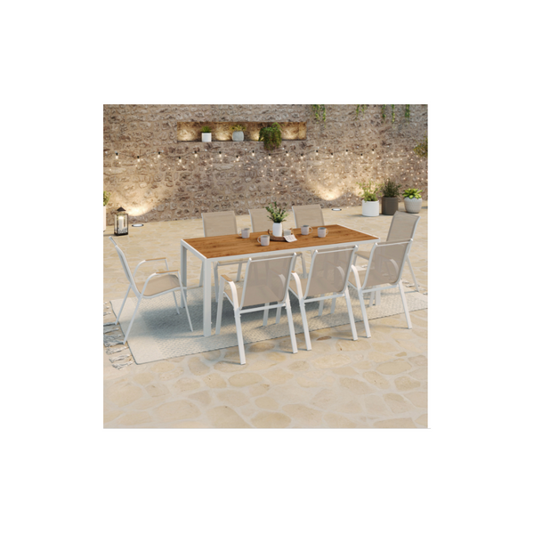NOUMEA Garden Set, Table 190 cm with Tempered Glass Wood-Effect Top and 8 Stackable Chairs, White and Wood