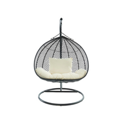 2-Seater Hanging Chair in Woven Resin – Black with White Cushion – MYLIA VAHINA