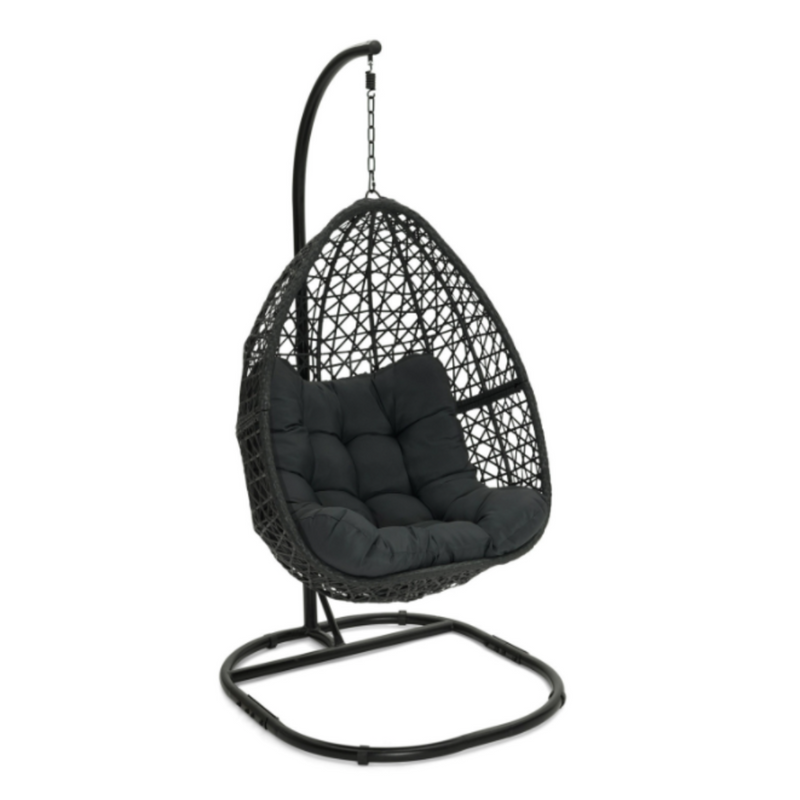 Hanging Moon Chair with Openwork Rattan Effect and Grey Cushion