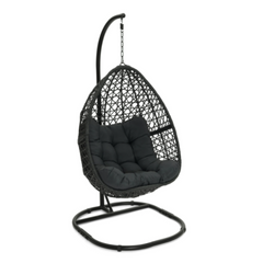 Hanging Moon Chair with Openwork Rattan Effect and Grey Cushion