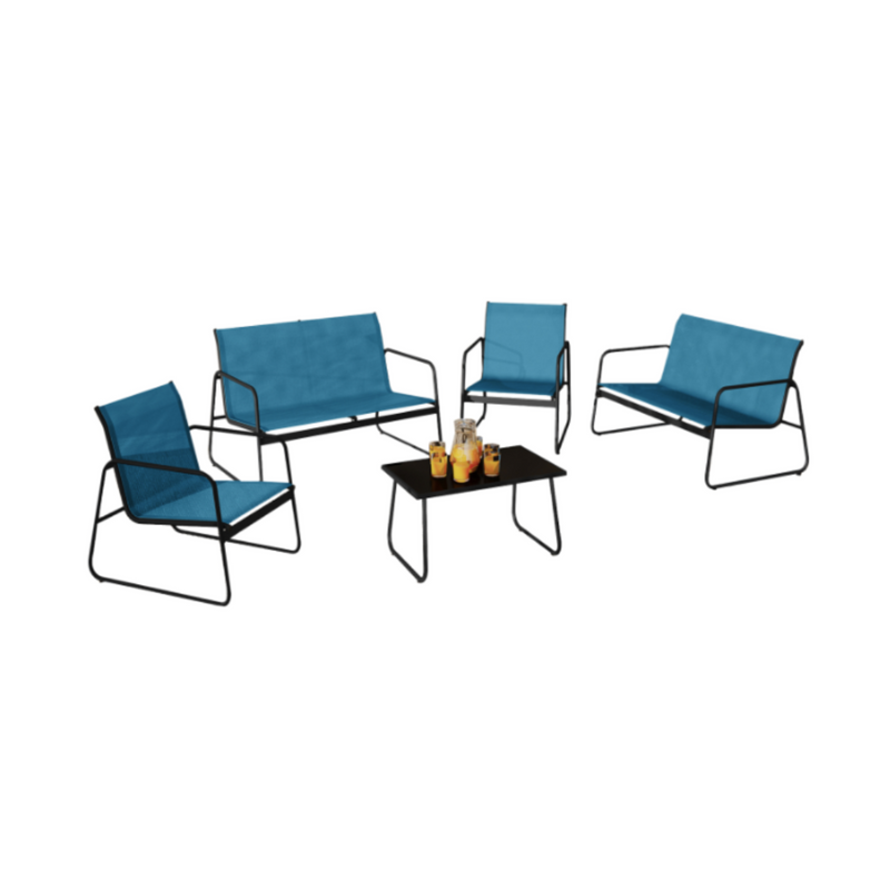 MALAGA 6-Seater Low Garden Set with Sofa, Armchairs and Table, Teal Blue